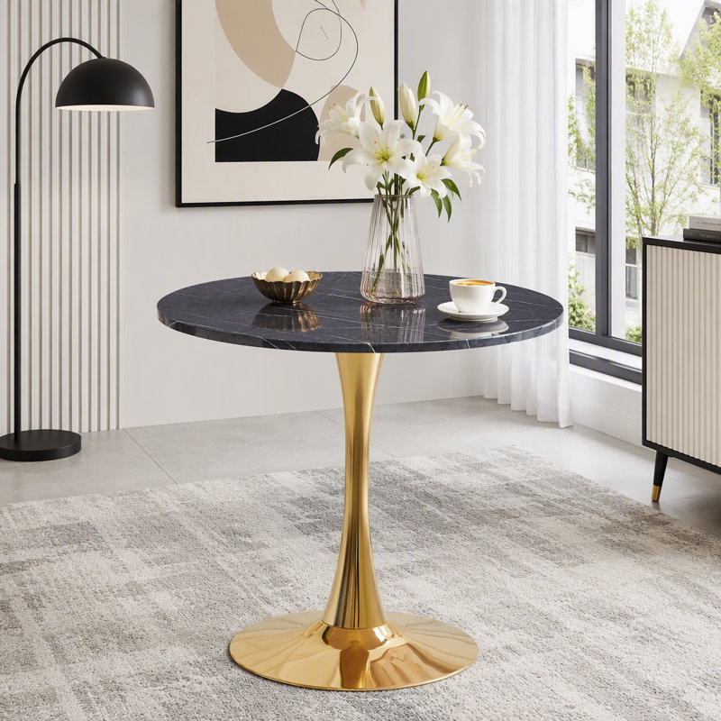 Table tulipe ronde 31,5 pouces avec plateau en faux marbre, Or / gris
