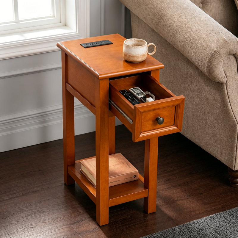 Table d'appoint compacte en bois massif avec station de charge et tiroir intégrés, parfaite pour les petits espaces et les chambres à coucher modernes.