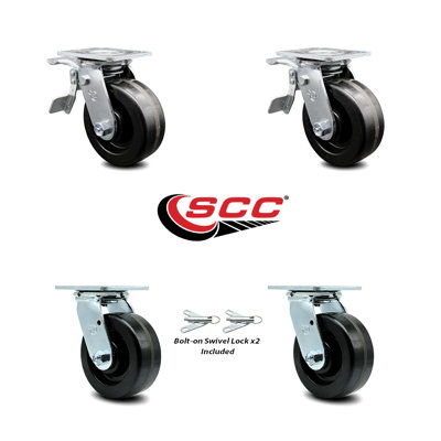 5 Inch Phenolic Caster Set with Roller Bearings 2 Brakes 2 Swivel Locks SCC