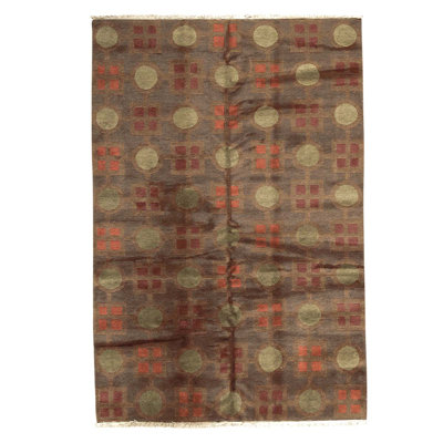 Tapis géométrique gris / orange / rouge en laine noué à la main 6 pi x 9 pi 1 po