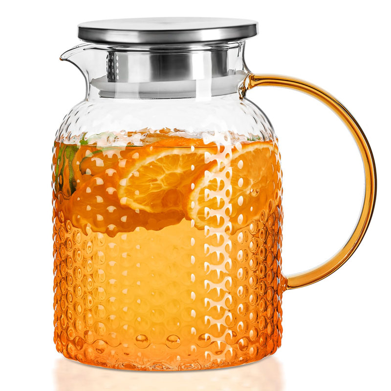 Pichet en verre conçu par Squama, pichet à eau en verre avec couvercle et bec, conception à grand alésage pour un nettoyage facile, pour boissons froides / chaudes, thé glacé, jus, lait
