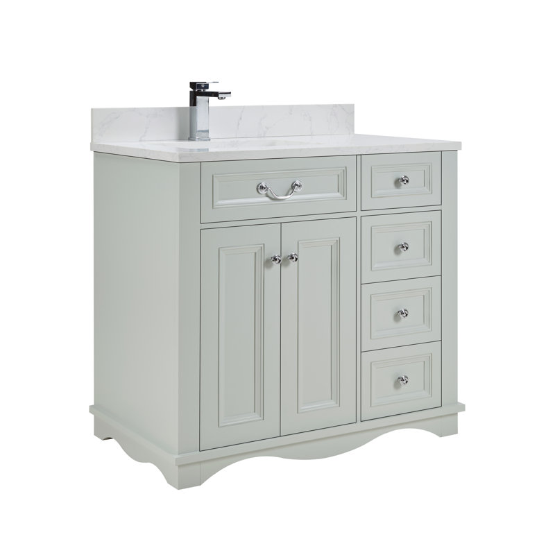 Meuble-lavabo simple en bois massif 36 po avec plateau en marbre d'ingénierie 1 po, Brin argenté