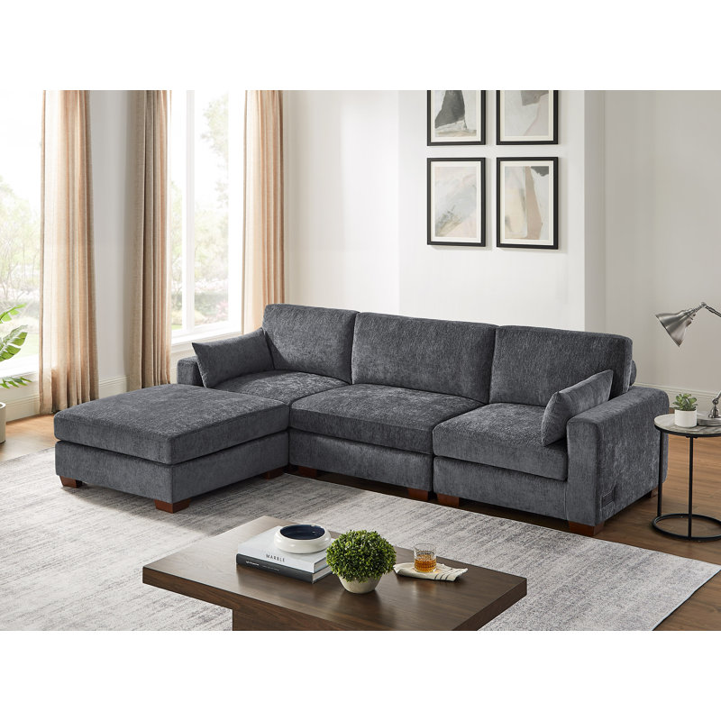4-Piece Upholstered Sectional Couch With 2 USB Ports, 1 Portable Ottoman, Grey Polyester