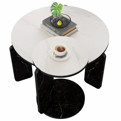Ensemble de 2 tables basses gigognes rondes pour petit endroit, table de bout de salon avec plateau en pierre frittée blanche, table de chevet de 32,68 po + 16,93 po de diamètre pour la salle à manger de la salle à manger, canapé de 83 cm et plus de 