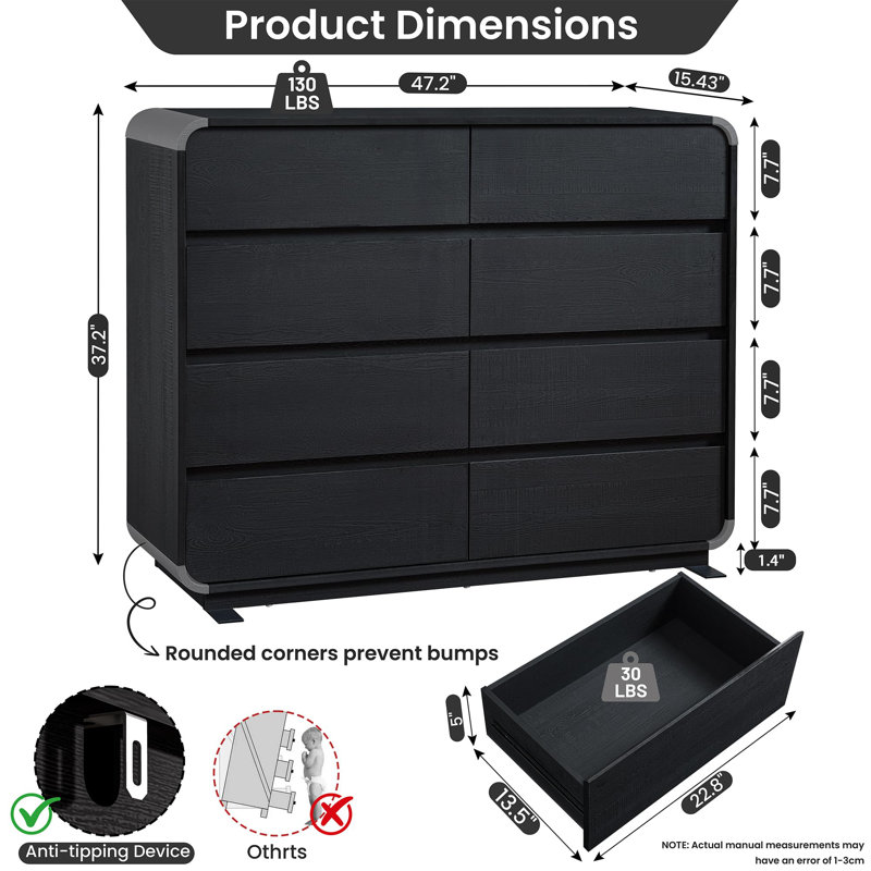47.2“H Black Curved 8-Drawer Dresser, Rustic Chest of Drawers, Farmhouse Storage Dresser for Bedroom Living Room, Black