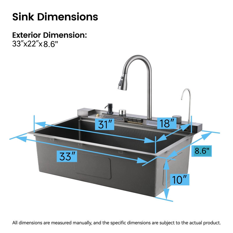 Robinet de lavabo de cuisine 33 po x 22 po à arc noir multifonctionnel avec douchette rétractable, sur comptoir