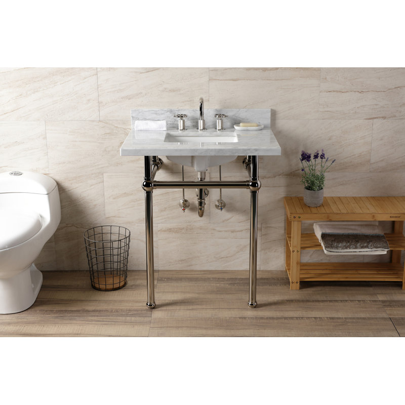 Kingston Brass Templeton 30-Inch Carrara Marble Console Sink with Brass Legs (8-Inch, 3-Hole), Marble White/Polished Nickel