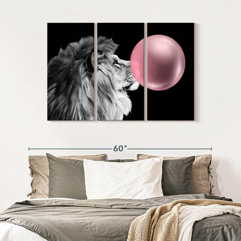 Drôle de lion, gomme à bulles sur toile, ensemble 3 pièces, H 32 po x l 50 po x P 1,25 po