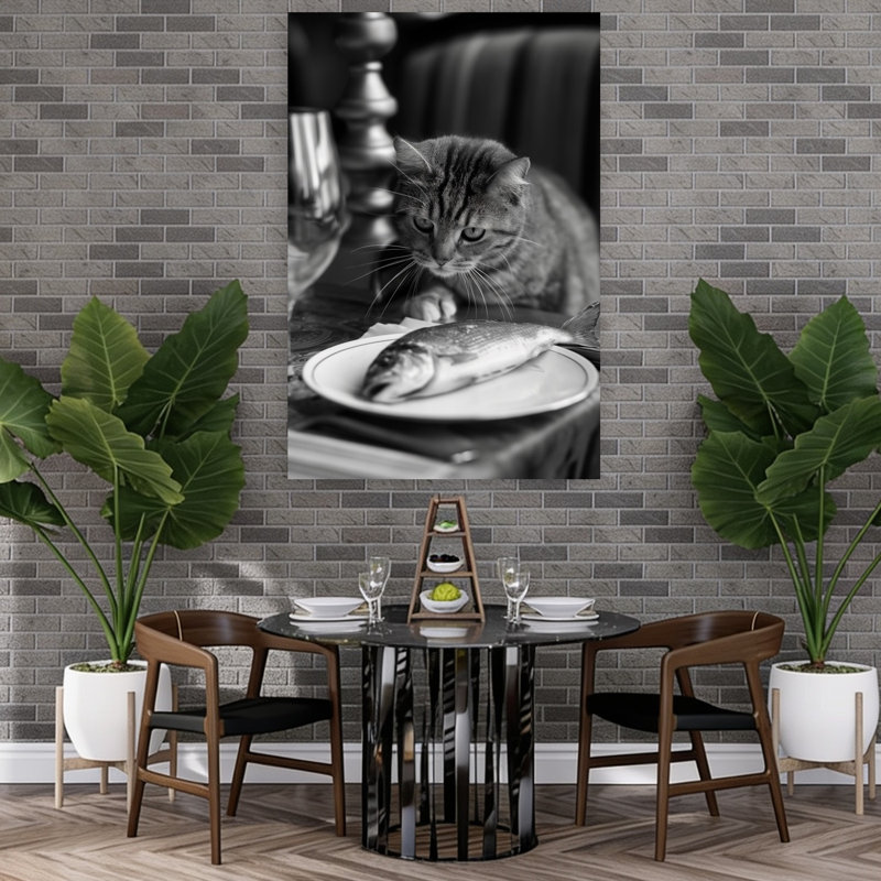 Cat Stares At Fish Elegant Contemporary Cat Fish Wall Art Print 1 Piece Wrapped Canvas Wall Art, 152.4cm H x 101.6cm W