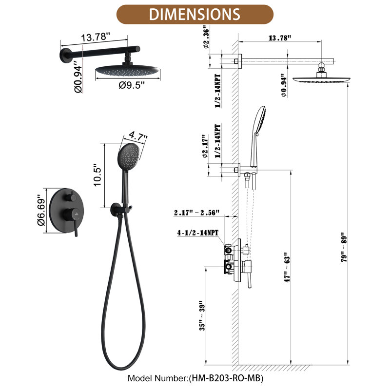 Système de douche Rainfall avec douche à main à 5 réglages et valve brute, Noir mat