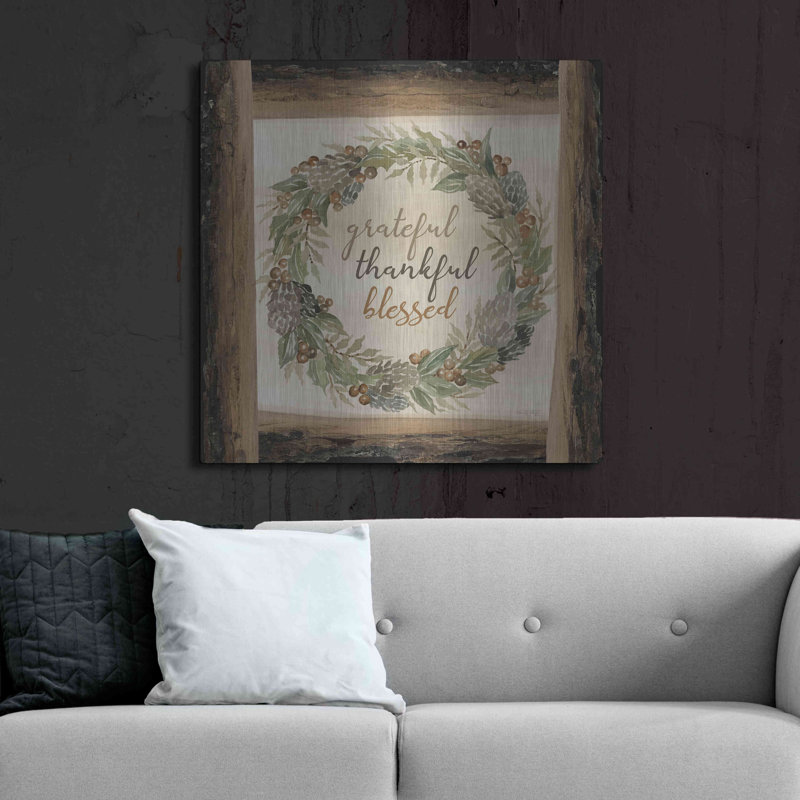 Art mural en métal luxueux «Thankful Fall Wreath» par Cindy Jacobs, 36 po x 36 po