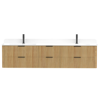 84 in. Golden Oak Fluted Bathroom Vanity with Integrated Sink and Black Hardware