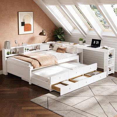 L-Shaped Daybed with Trundle, Storage Drawers, Side Shelves, and Integrated Desk for Multi-Functional Living