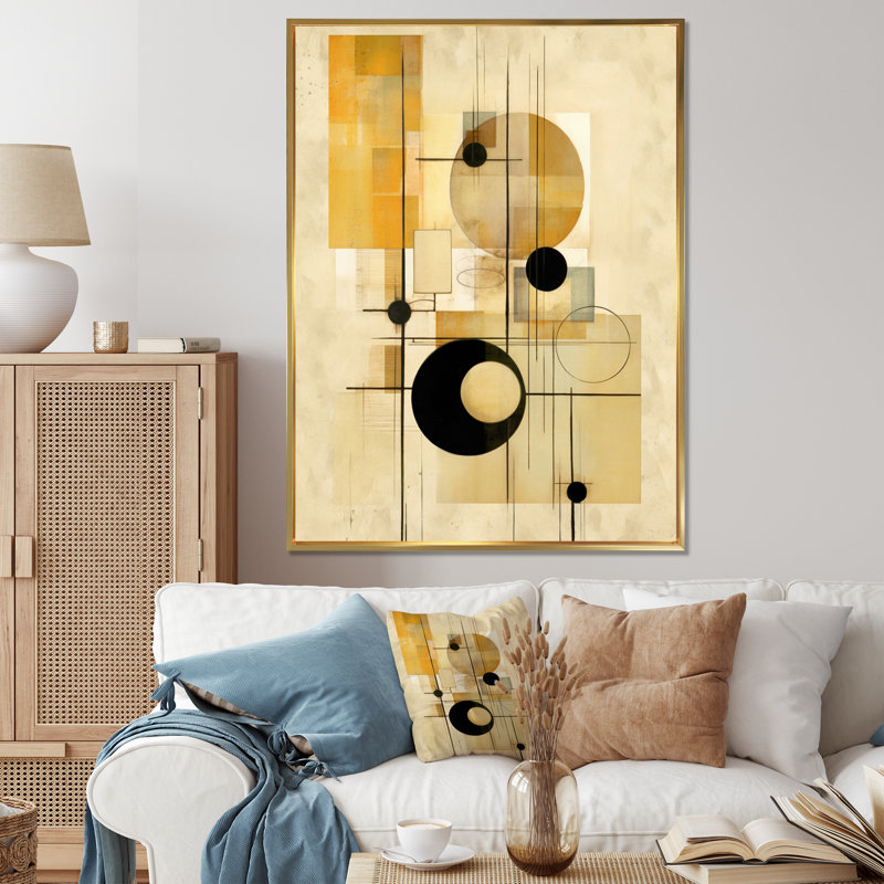 Beige géométrie en mouvement II sur toile, Cadre flottant doré, H 32 po x l 24 po x P 1 po