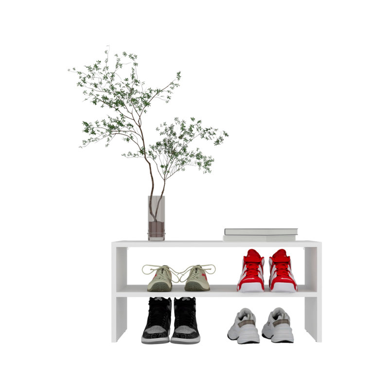 Range-chaussures, 2 tablettes ouvertes, conception horizontale basse, unité autoportante, utilisation dans la chambre à coucher, blanc