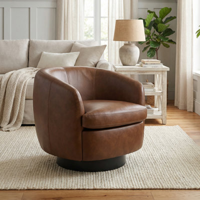 Upholstered Brown Faux Leather Swivel Barrel Chair Recessed Arms With Solid Wood Base