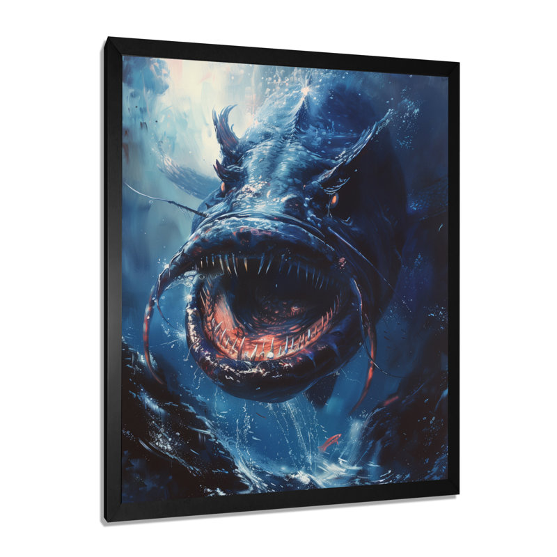 «Blue Deep Giant Fish Monster», art mural Sea Creatures, H 20 po x l 12 po x P 1 po, Cadre simple noir