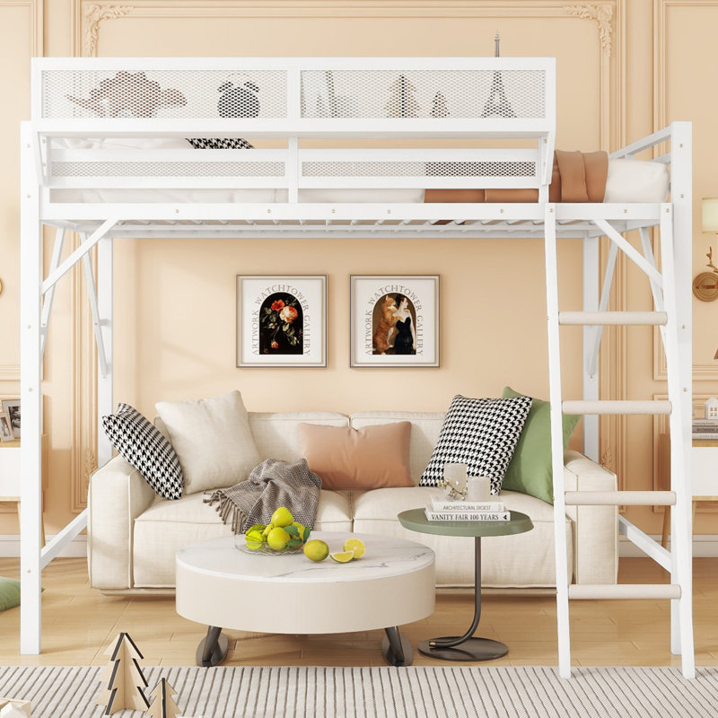 Lit mezzanine double avec échelle et tablettes de rangement, lit mezzanine pour enfants, Blanc