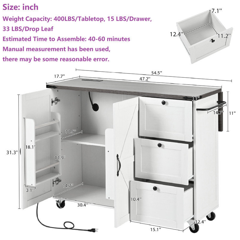 Kitchen Island with Drop Leaf & 3 Storage Drawers, White