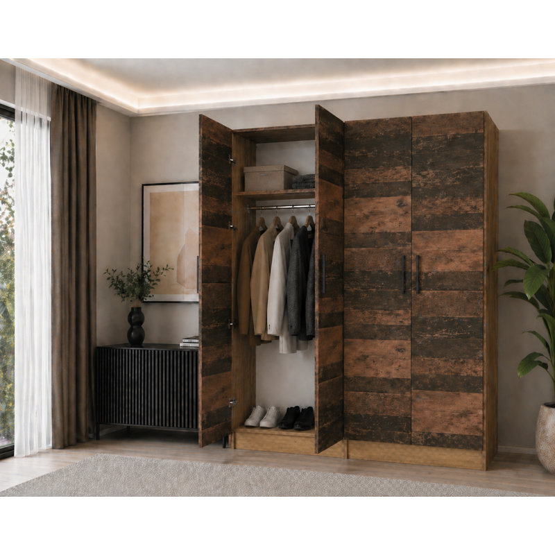 Nitra 4 Door Solid + Manufactured Wood Wardrobe, Oak Craft Gold/Dark Brown