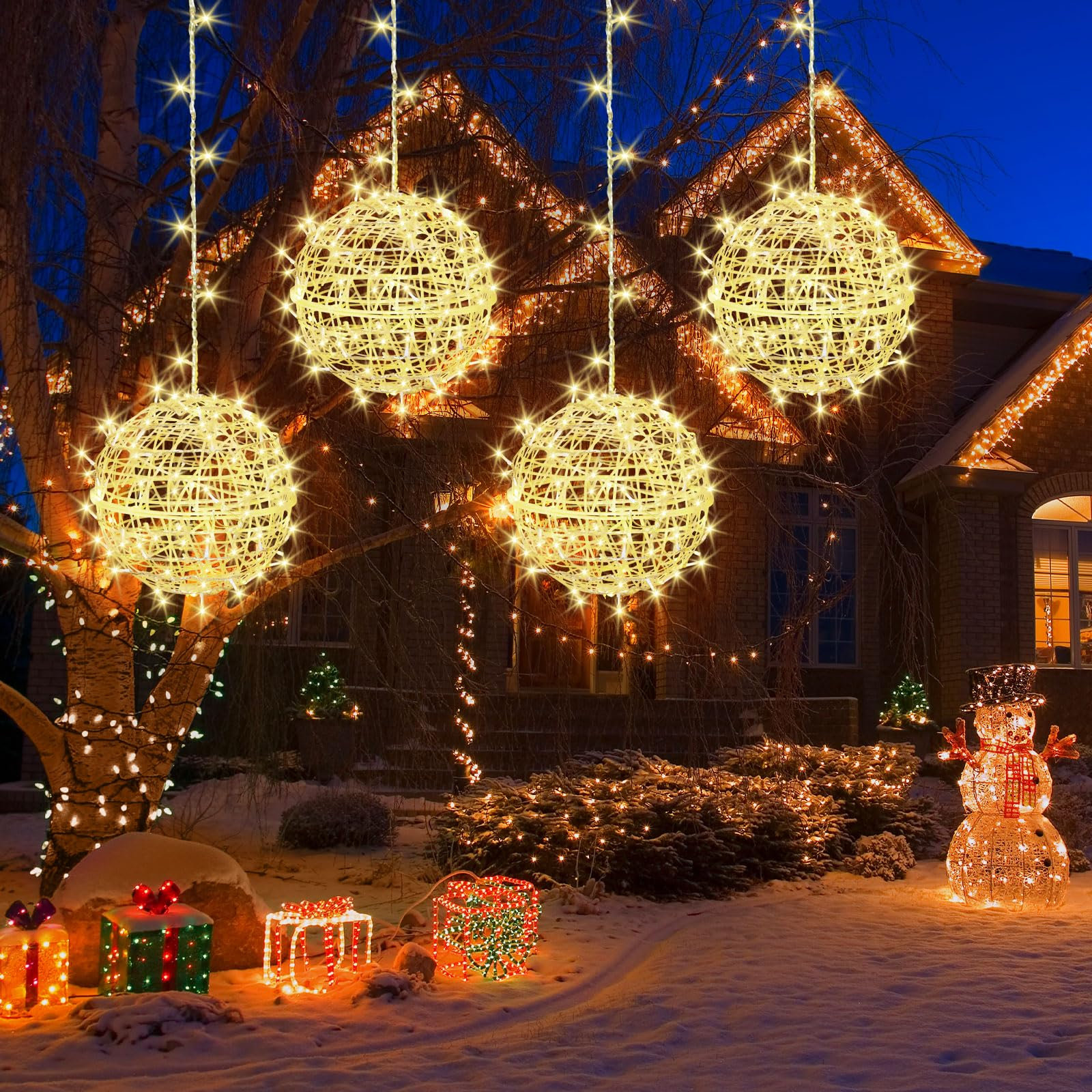 Outdoor Christmas Balls Lights 4 Pack Hanging 7.9" LED Garden Sphere Tree Lights 8 Modes Waterproof Glow Globe Lights With Memory Timer Plug For Party Yard Porch Eave Patio Xmas Decorations-Warm White