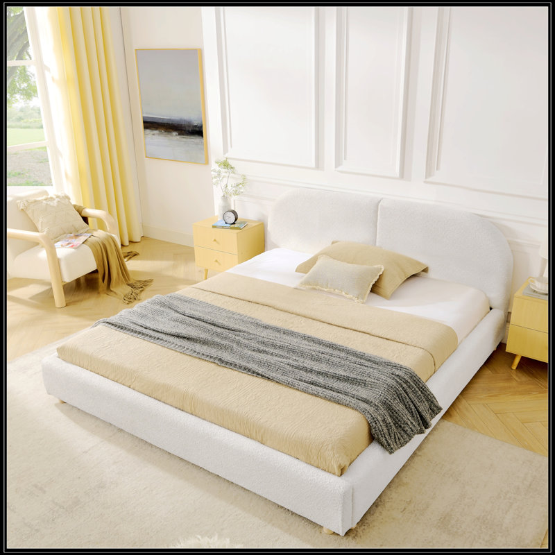 Structure de lit tapissier pour grand lit, style minimaliste moderne avec tête de lit haute incurvée, tissu en fil de cercle de qualité supérieure et support robuste pour les jambes, matelas non inclus - beige