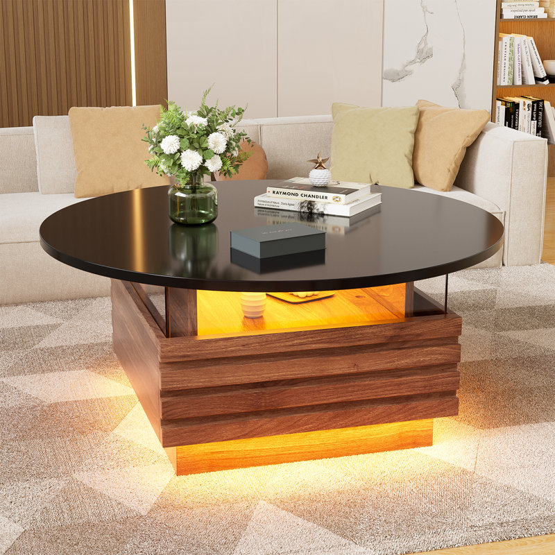 Table basse ronde de 31,5 po avec lumière DEL, tables basses modernes à DEL avec 2 tiroirs coulissants, table centrale en bois pour la salle à manger de réception