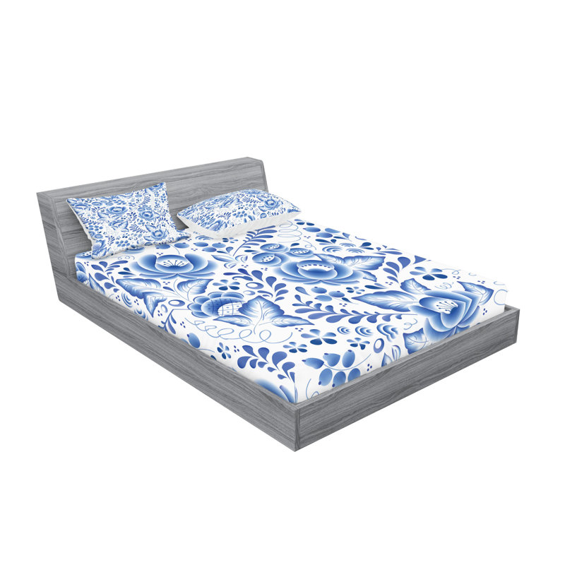 Ensemble de drap-housse et de taies décoratives Ambesonne Vintage Blue, bleu cobalt et blanc