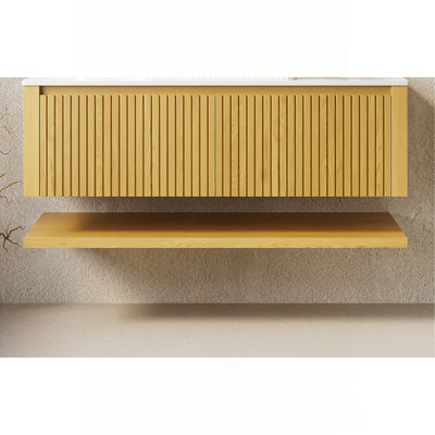 Armoire de rangement murale 48 po en corail de grain de bois avec tiroir et tablette, comptoir en pierre frittée blanche