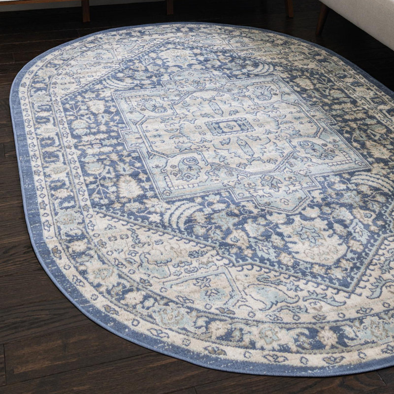 Shailena Oriental French Blue Area Rug, Oval 7'10" x 10'
