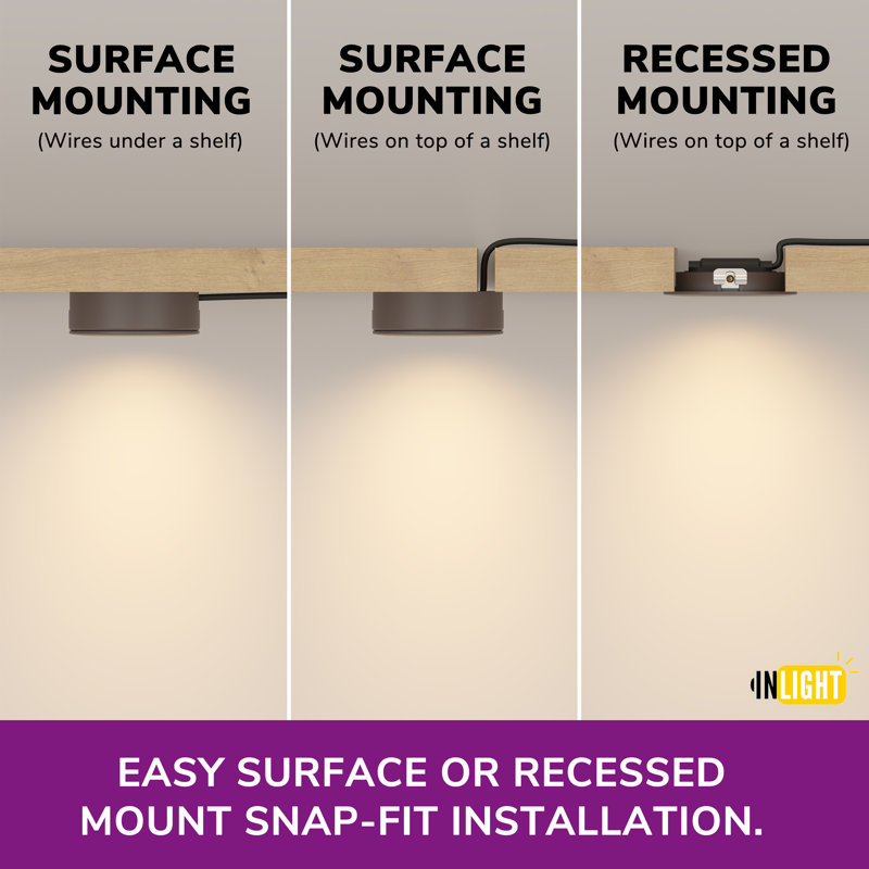 Inlight 2.75" Wide 2700K Swivel and Dimmable Wired LED Puck Lights Kit, Plug-in or Hardwired Installation, Recessed or Surface Mounted, White Finished, Set of 3, IN-0107-3