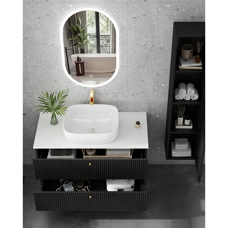 Meuble-lavabo en bois d'hévéa de style luxueux avec comptoir en marbre pour salle de bain, 35"