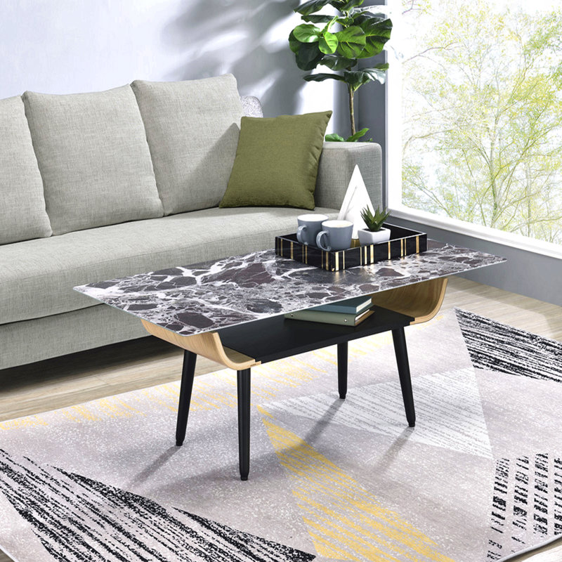 Table basse l 47 po avec plateau en verre marbré et bois cintré noir, Noir