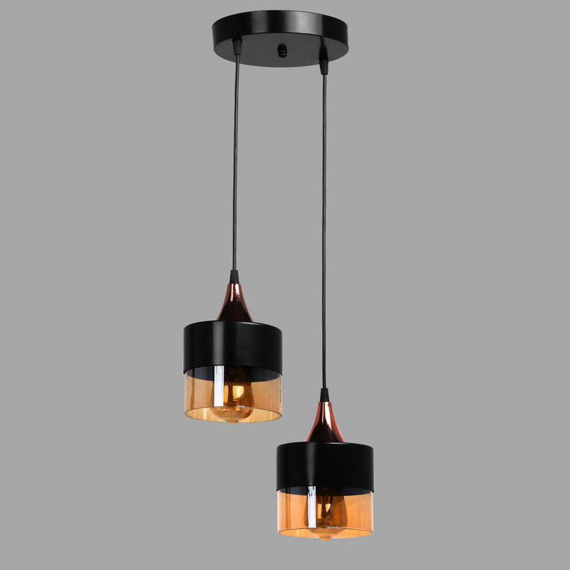 Industrial Chandelier Light Fixture, Adjustable Height, Black Metal Body, Copper Coated | 7.1 inches Diameter x 25.6 inches Height | E27 Socket, Max 40W | Perfect for Scandinavian & Modern Decor, Elegant Glass Cap Design
