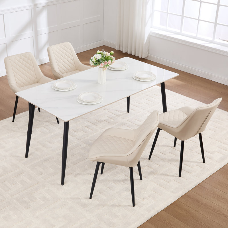 Faux Leather Upholstered Metal Dining Chair, 4, Beige
