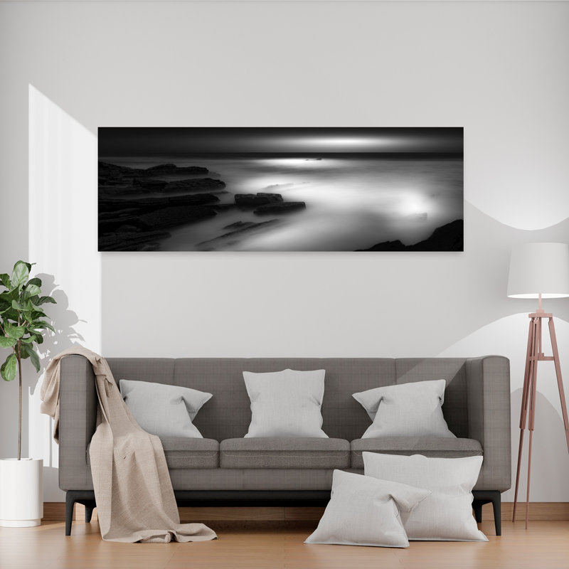 «Serene Misty Coast», art dramatique abstrait de paysage côtier de rêve, H 20 po x l 60 po