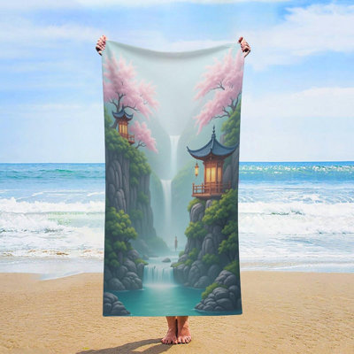 Traditional Chinese Garden Waterfall Oversized Microfiber Beach Towel,Sand Free Quick Dry Pool Towels,Lightweight Absorbent Bath Sheet for Travel Swim Vacation, 50 x 60 inAnd a complimentary Chinese-style canvas bag is included