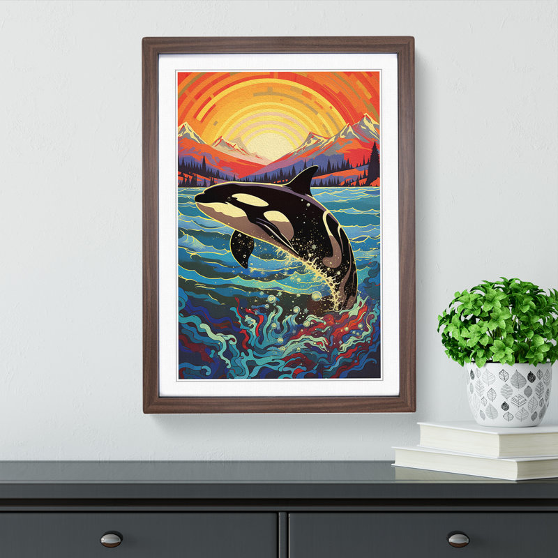 Orca Whale - Single Picture Frame Print on Wood, 64cm H x 46cm W x 2cm D, Walnut