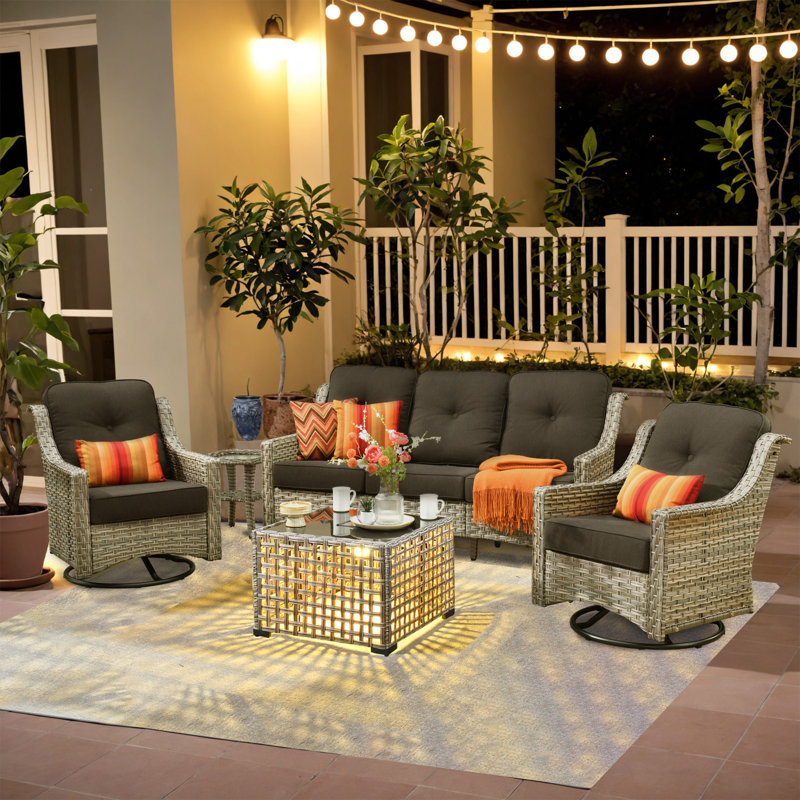 Harper 6 - Person Outdoor Seating Group with Cushions and Solar Powered Coffee Table, Black