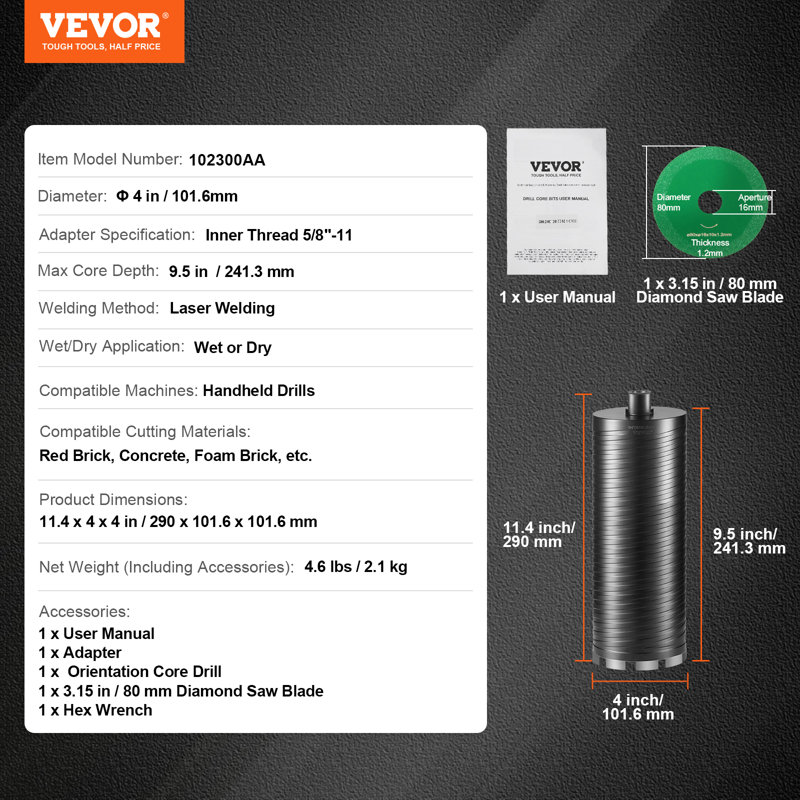 VEVOR Core Drill Bit, 4" Wet/Dry Diamond Core Drill Bits for Brick and Block