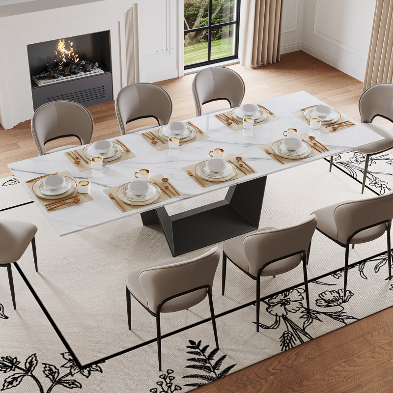63''-94.5'' Extendable Stone Dining Table for 4-8, Modern Rectangle Dining Table with Black Stainless Steel Base