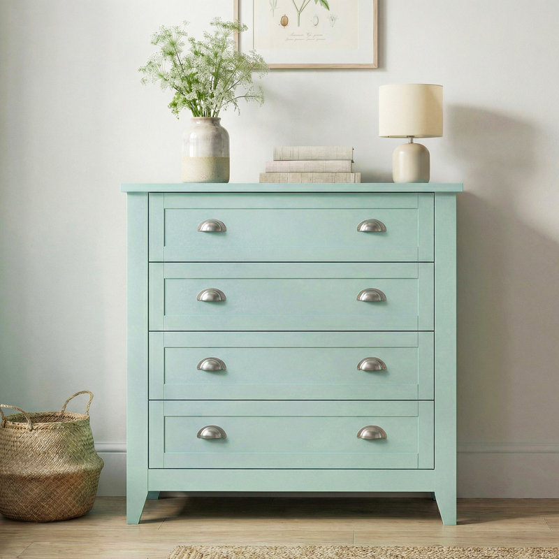 Pastel 4-Drawer Dresser with Silver Shell Handles, Modern Cottage Storage Cabinet in Sky Blue, Morandi Pink, or Mint Green