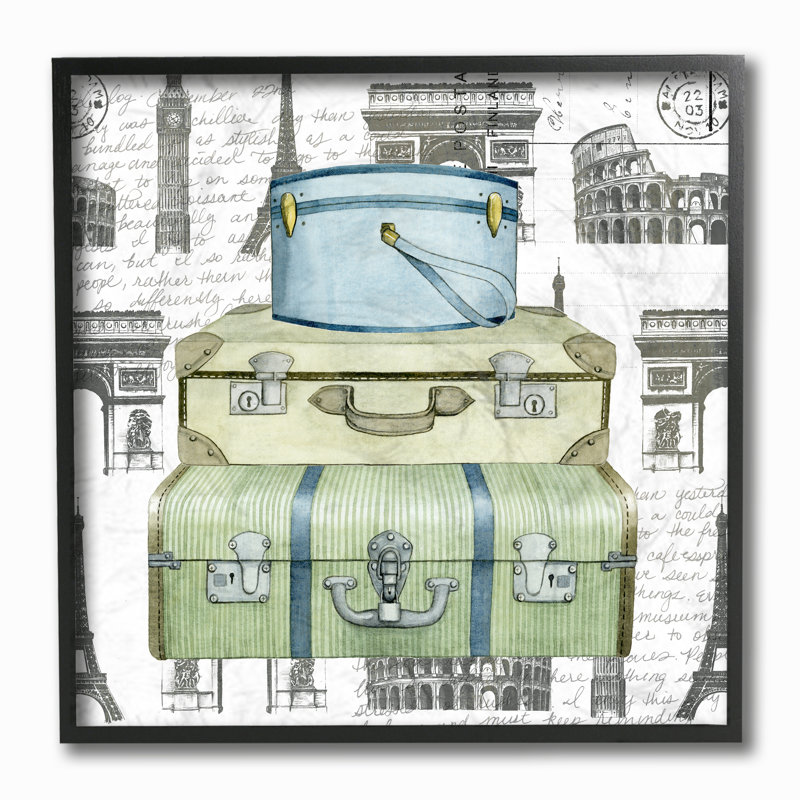 « décoration de porte de voyage avec timbres », impression, Giclée encadrée noir minuit, H 12 po x l 12 po x P 0,5 po