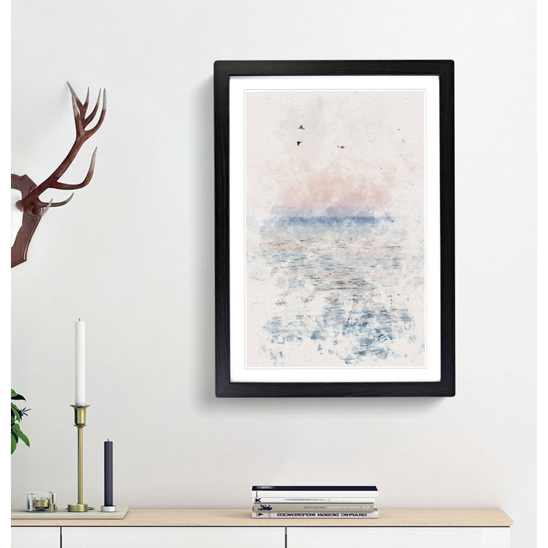 Birds Above The Ocean Watercolour - Picture Frame Graphic Art, 33cm H x 24cm W x 2cm D, Black Framed