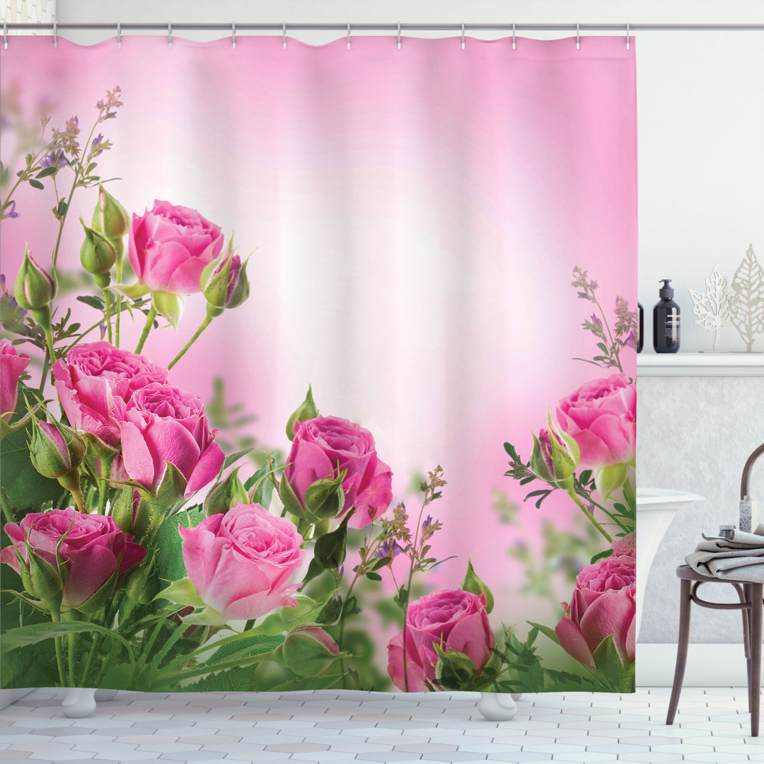 Fuller Spring Time Roses With Leaves and Buds With Pink Ombre Atmosphere Image Single Shower Curtain Winston Porter 
