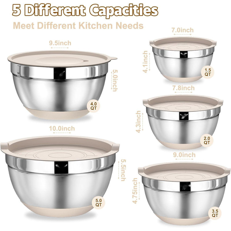 Stainless Steel Mixing Bowls Set with Airtight Lids and Grater Attachments