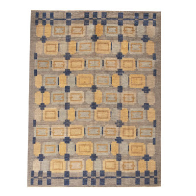 Rug & Kilim’S Scandinavian-Inspired Geometric Gold Beige And Blue Wool Pile Rug