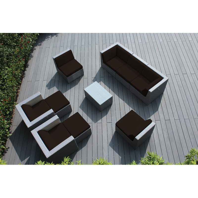 Ensemble de conversation en osier pour 7 personnes avec coussins Kiara, Toile Sunbrella® naturel, gris