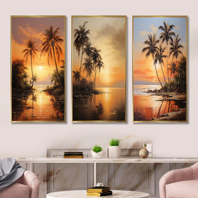 Palmier, escapade tropicale, coucher de soleil, plage de bronze - palmiers et palmiers, ensemble de 3 reproductions d'art sur toile