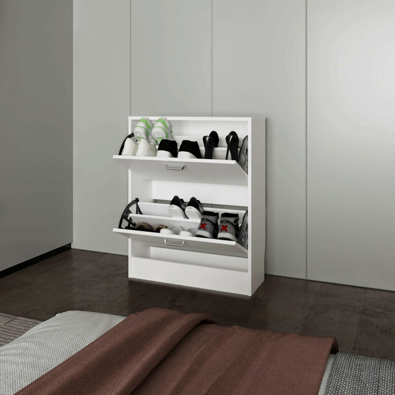 Shoe Cabinet, 2 Tilt-Out Doors, Slim Design, Internal Supports, Modern Style, White